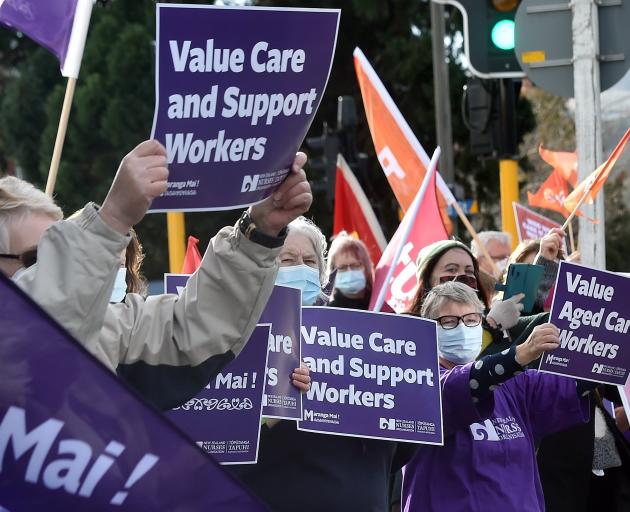 Support workers protest for more pay outside the office of Dunedin Labour MP Dr David Clark in...