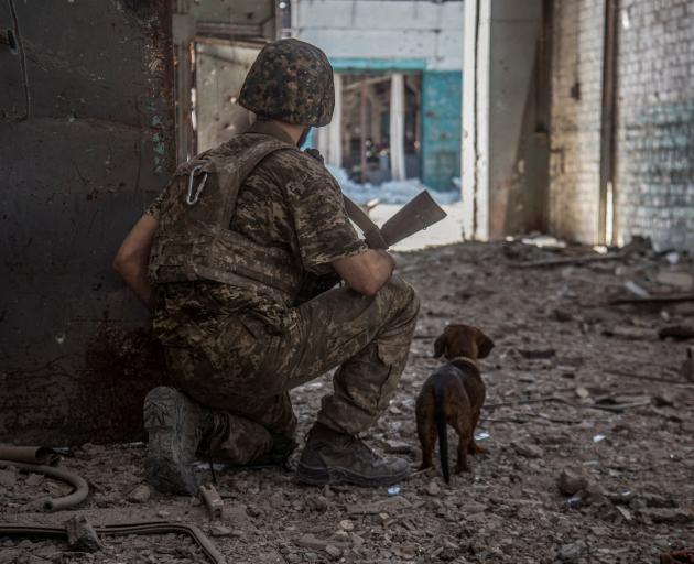 A Ukrainian service member observes in the industrial area of the city of Sievierodonetsk. Photo:...