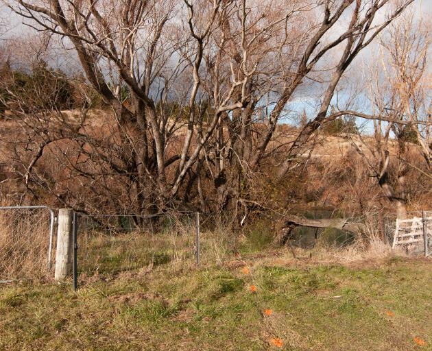 Police markings track the trail of a car that crashed into the Clutha River below the Roxburgh...