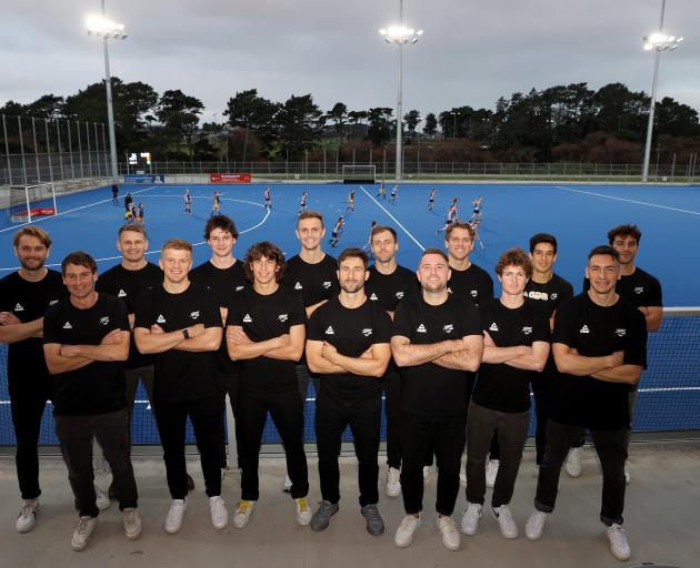 The Black Sticks men pose for a group photo during the New Zealand 2022 Commonwealth Games men's...