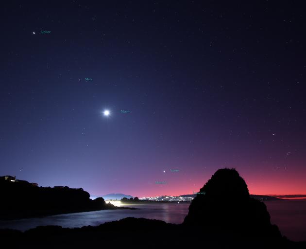 The Matariki sunrise from Second Beach; with moon and four of the five visible planets. Photo:...
