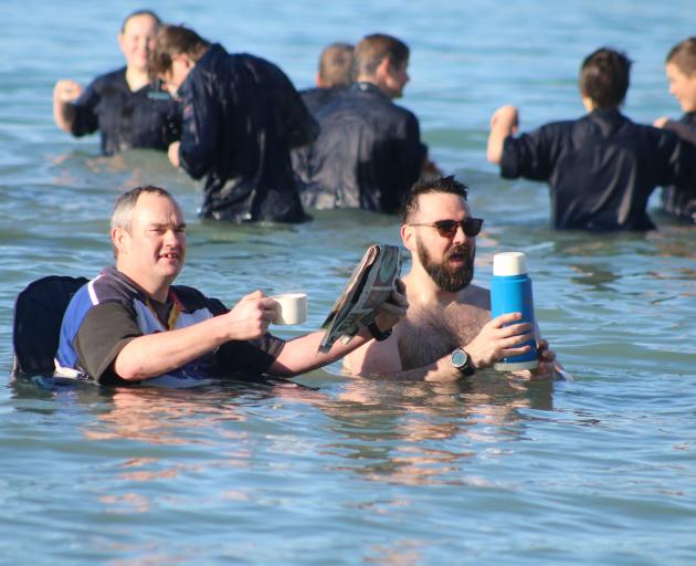 Fancy a cuppa? Cameron Tither (left), of Oamaru, and Tyrone Bousfield, of Auckland, share a laugh...