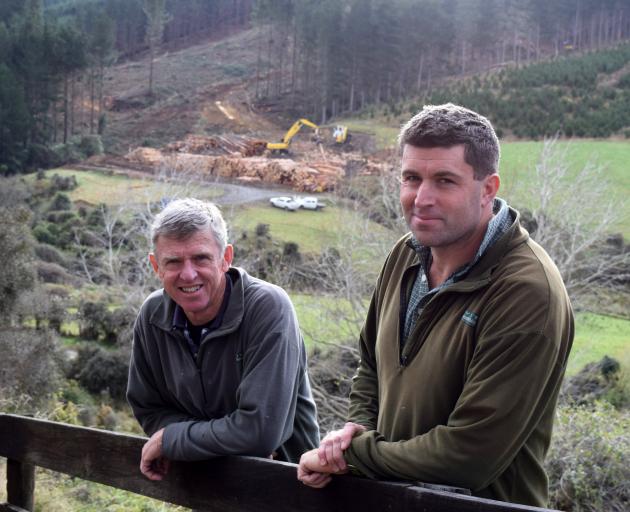 Neil Cullen (left) and his son Simon Cullen are having a pine plantation forestry harvested on...