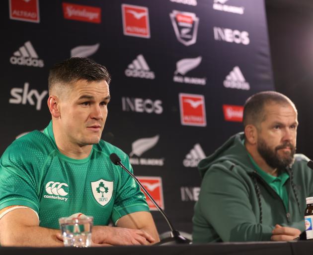Ireland captain, Johnny Sexton (left), and coach Andy Farrell speak to media following the...