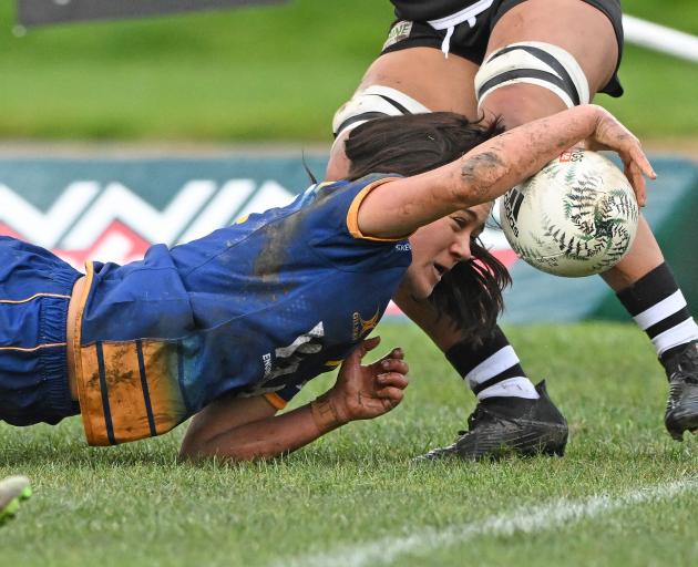Otago Spirit halfback Maia Joseph reaches for the tryline during the Farah Palmer Cup game in...
