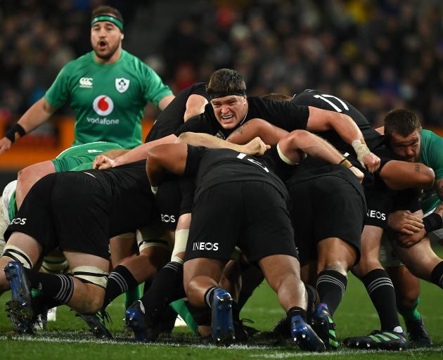 All Black Scott Barrett in the thick of it against Ireland in Dunedin. Photo: Getty Images 