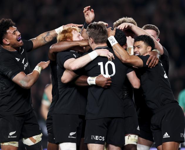 The All Blacks celebrate Pita Gus Sowakula's second half try during an impressive win over...