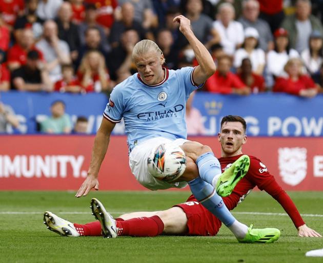 Manchester City striker Erling Braut Haaland shoots at goal during the Community Shield game at...