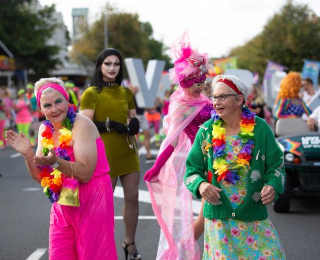 The Topp Twins as Camp Mother and Camp Leader at the Auckland Rainbow Pride Parade in 2020. Photo...