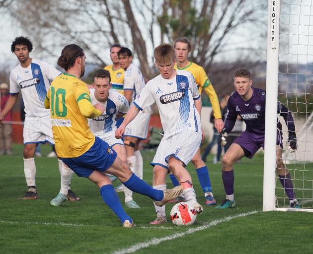 Prolific Cashmere Technical goal scorer Garbhan Coughlan is has a shot blocked. PHOTO: JIM WATTS...