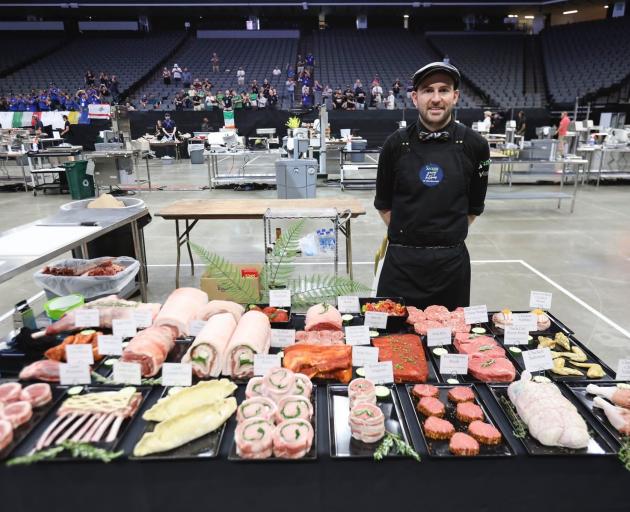 Dunedin butcher Isaac Webster displays the meat he broke down and added value to at the World...