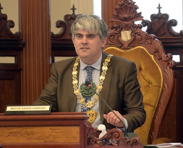 Dunedin mayor Aaron Hawkins at the DCC Valedictory meeting, Council Chambers, last week. PHOTO:...