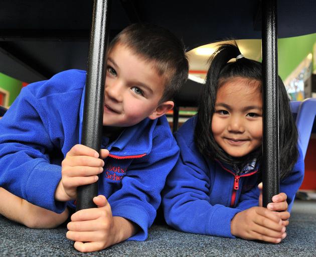 Abbotsford School pupils Ariki Ellison and Shannaiah Latawan (both 5) practise what to do in an...