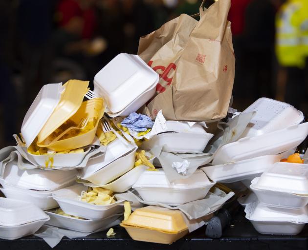 Polystyrene takeaway containers are among the single-use plastics banned from today. Photo: File...