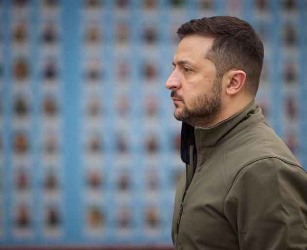 Ukraine's President Volodymyr Zelenskiy visits the Memory Wall of Fallen Defenders of Ukraine in...