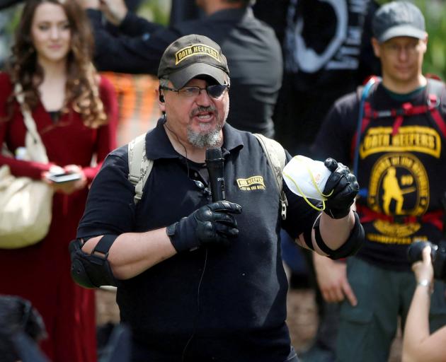 Oath Keepers founder Stewart Rhodes speaks during the Patriots Day Free Speech Rally in the file...