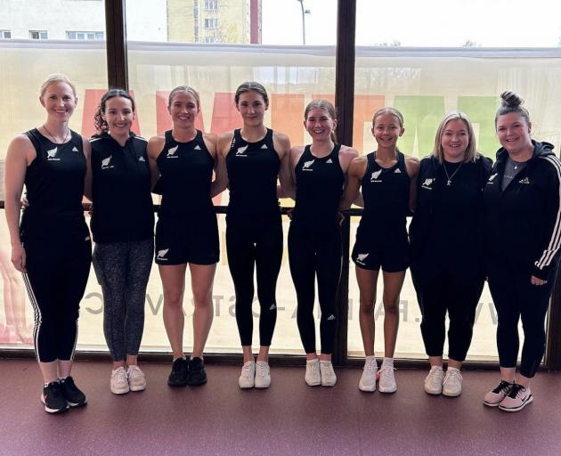 New Zealand aerobics team members (from left) Emily Lawn (coach), Annelise Lowther (coach), Kylie...