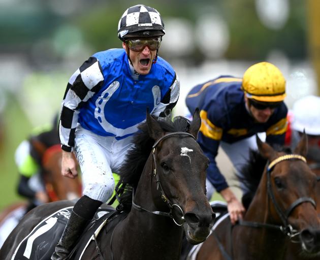 Mark Zahra atop Gold Trip celebrates as he crosses the line in the Melbourne Cup. Photo: Getty...