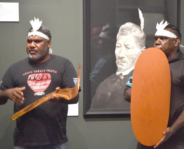 Young Warumungu leaders Jimmy Frank Jupurrula (left) and Laurance Williams Japangarti collect...