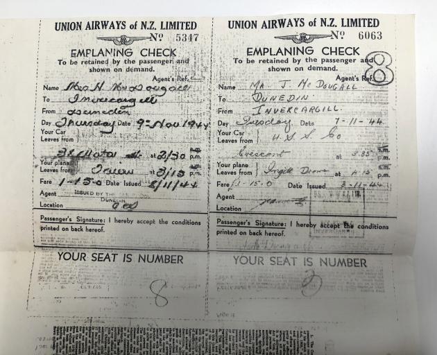 A copy of tickets for the first commercial flight out of Invercargill Airport. 
