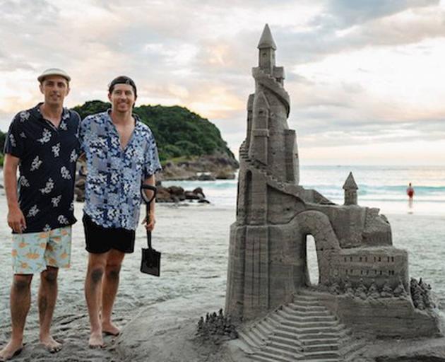 Brothers Jared (left) and Paul Brandon spent 10 hours sculpting the sandcastle at Mount Maunganui...