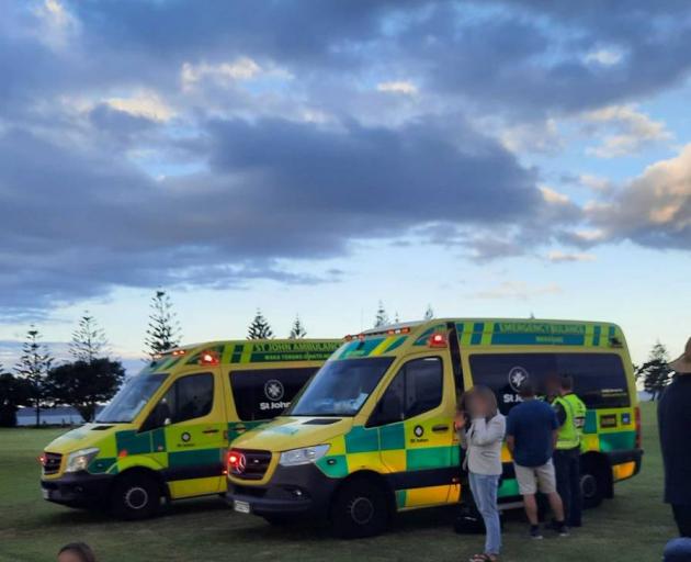 Ambulances at Fergusson Park, Ōtūmoetai, after a bouncy castle blew away. Photo: Carmen Hall