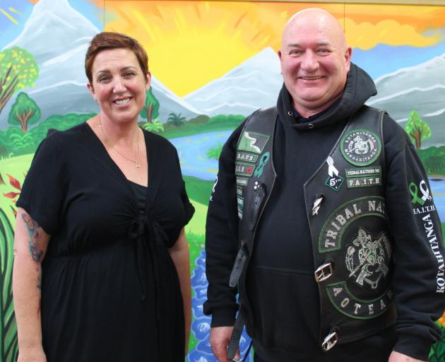 Youthline Otago general manager Donna Hall (left) greets Tribal Nations Motorcycle Community...