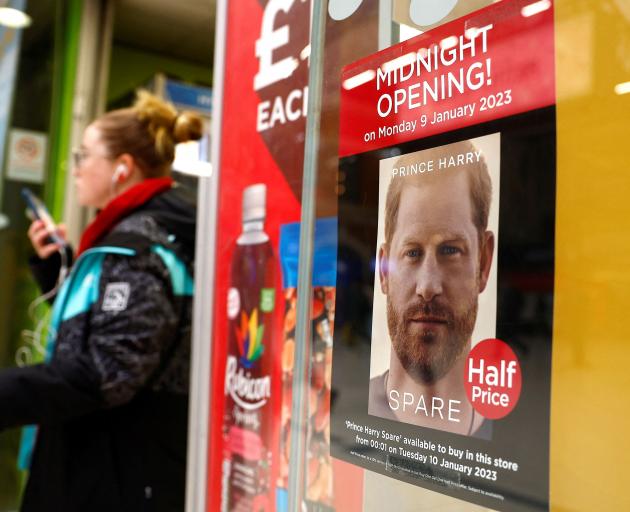 A poster advertising the launch of the book Spare, by Britain’s Prince Harry, the Duke of Sussex,...