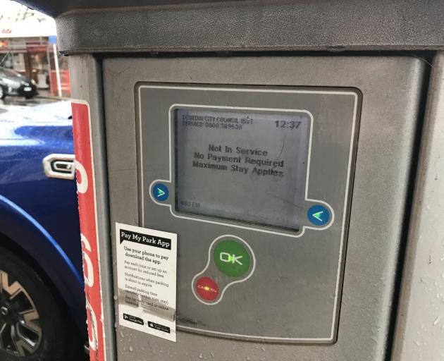 This parking meter in lower Stuart St, Dunedin, is among those recently out of action. PHOTO:...