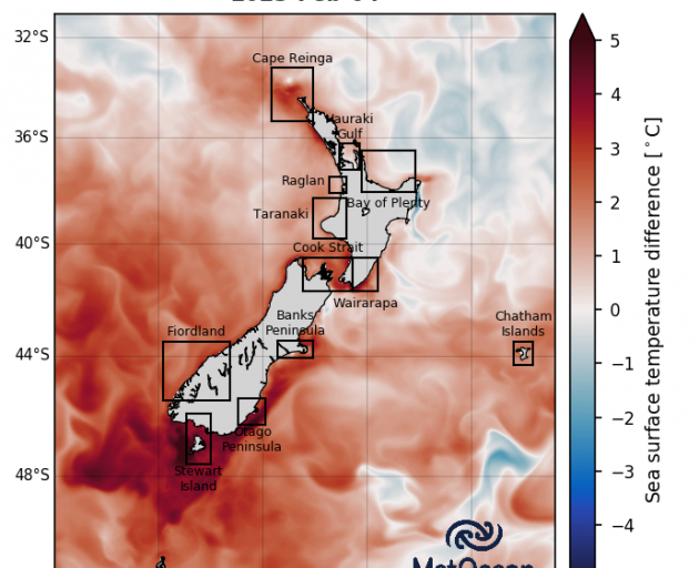Map showing the expected warming off Stewart Island and Otago tomorrow. Photo: Moana Project
