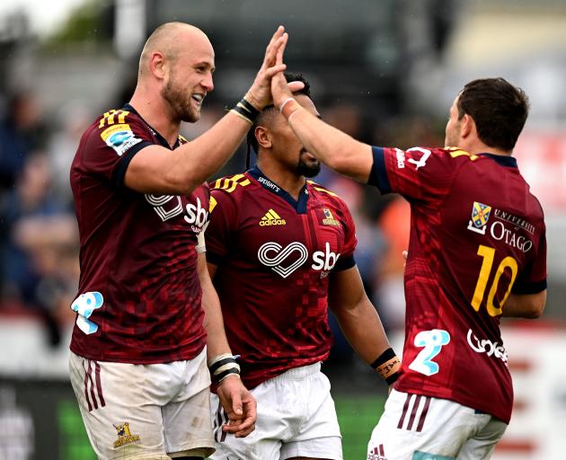 Hugh Renton celebrates with Mitch Hunt after scoring a try. Photo: Getty Images