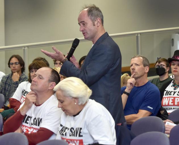 Dunedin city councillor Jim O’Malley speaks against cuts to the new Dunedin hospital at Otago...