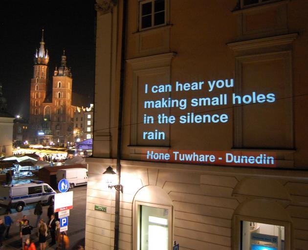In 2015, poems by Dunedin writers were projected on buildings in Krakow, Poland, Dunedin’s fellow...