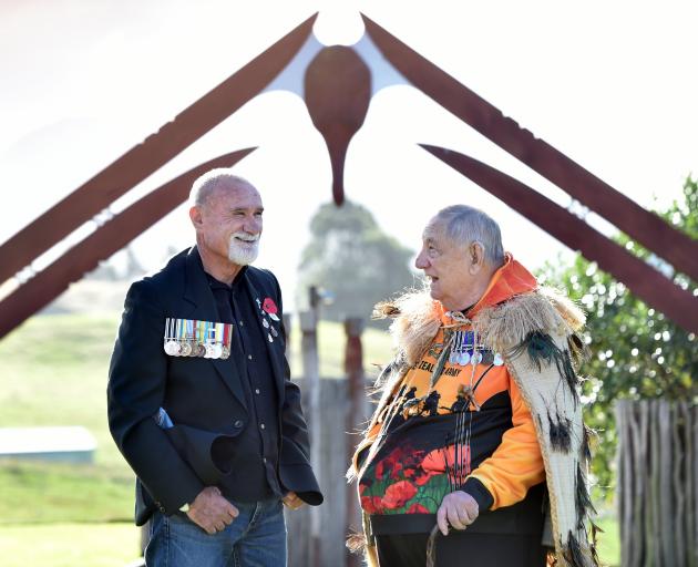 John Paterson (left), wearing his father Rawi Paterson’s military medals, and Puketeraki upoko...
