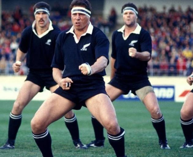 Wayne 'Buck' Shelford and the All Blacks perform the haka against Argentina at Carisbrook,...