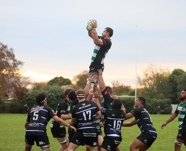Marist Albion lock Caleb Grace wins a lineout in his side’s 40-20 victory over Sumner. Photo:...
