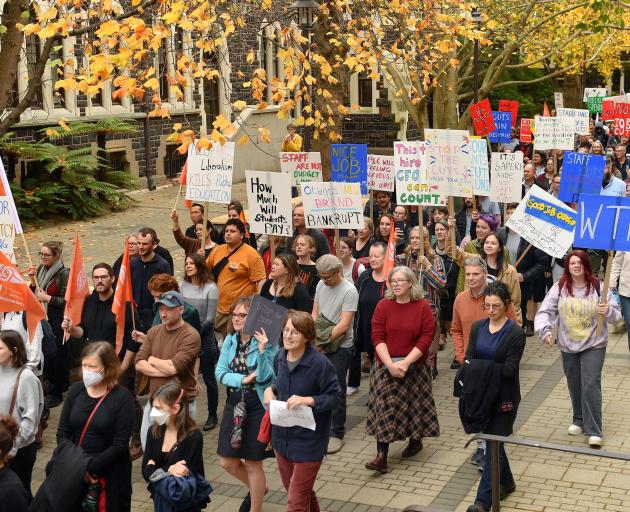 University of Otago employees and supporters protest looming staff cuts at a Tertiary Education...