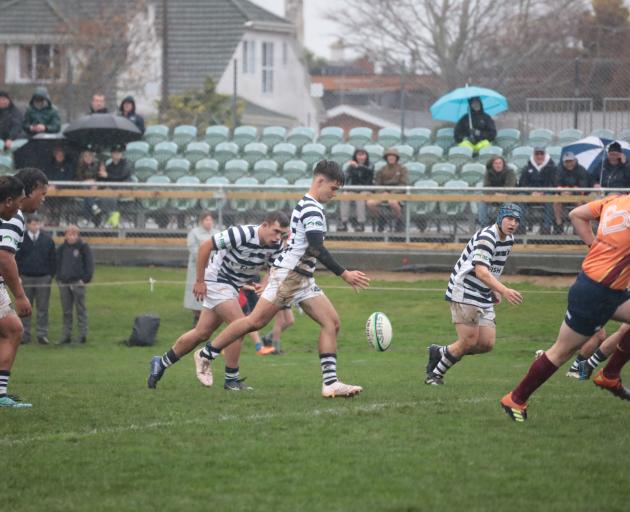 Otago Boys’ High School first five Will Thode restarts play in the first XV interschool fixture...