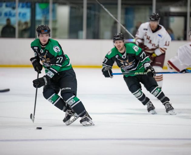 Ian Audas (left) and Ryan Wonfor in action for the Dunedin Thunder during the New Zealand Ice...
