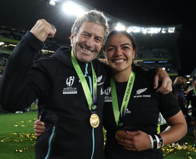 Wayne Smith and Stacey Fluhler celebrate their Rugby World Cup win at Eden Park last year. Photo:...