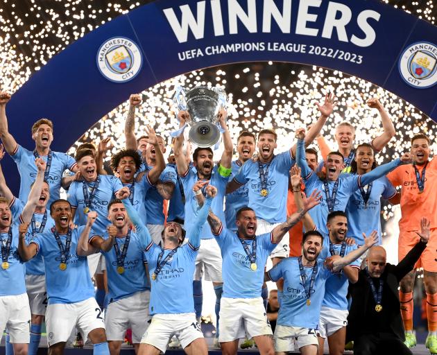 Manchester City celebrate their first ever Champions League title after beating Inter Milan in...