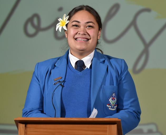 Queen’s High School pupil Lani Laufita (18) gives a passionate speech during the Otago Pacific...