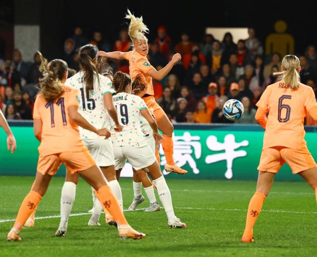 Stefanie van der Gragt (centre) scores for the Netherlands as they beat Portugal 1-0 in their...