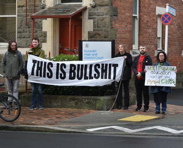 Protesters outside the Dunedin courthouse this morning. Photo: Gregor Richardson