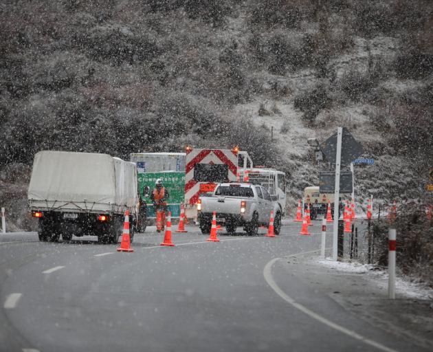 Snow on Crown Range Rd linking Queenstown and Wanaka, which closed for about two hours on Tuesday...