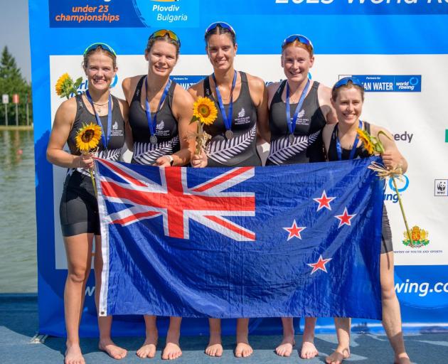 Invercargill rower Shakira Mirfin (left) celebrates her silver medal at the World Rowing Under-23...