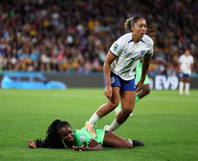 Lauren James stamps on Michelle Alozie, for which she was given a red card. Photo: Getty Images 