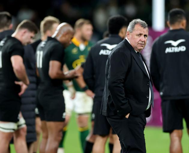 Head coach Ian Foster with the All Blacks after their loss to South Africa today. Photo: Getty...