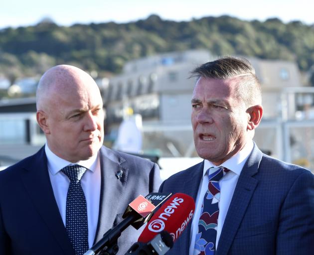 National leader Christopher Luxon, left and Michael Woodhouse at the new Dunedin Hospital site...