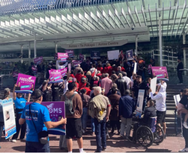 Protesters with placards for Destiny Church leader Brian Tamaki's Freedoms NZ party disrupt the...